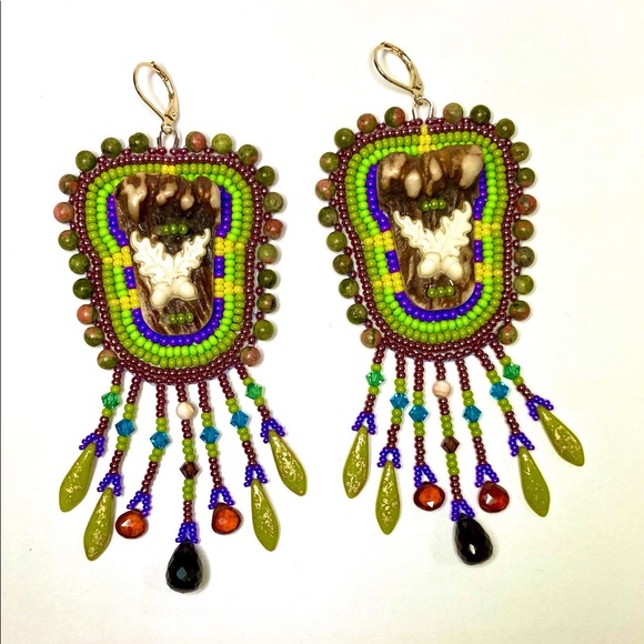 Beadwork Embroidery Carved Antler Button Earrings Fringe Dangle Drop Gemstones - Picture 4 of 4